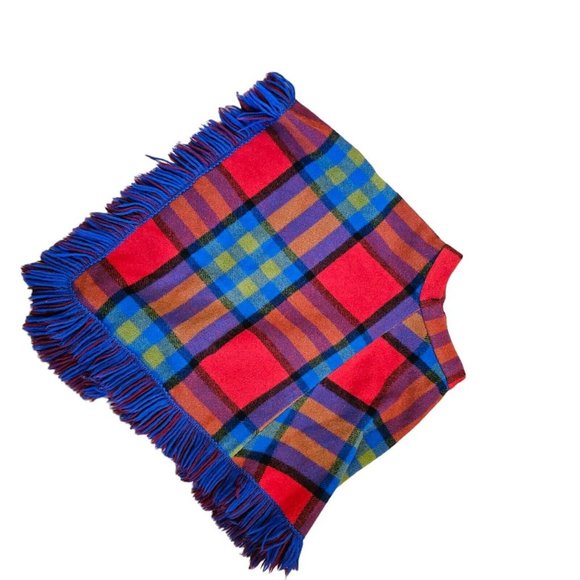 70s‎ Pioneerwear Womens XS Wool Plaid Skirt Fringe Assymetrical Red Blue Boho - Picture 7 of 12